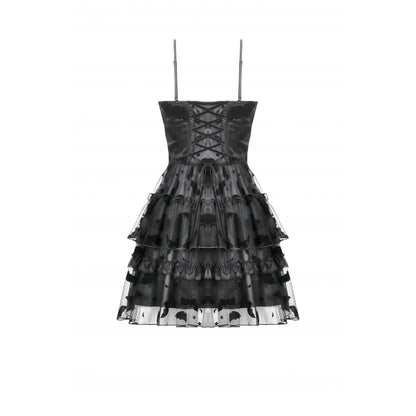 Full length display of the Dark in Love Morwenna Bat Mesh Layered Goth Mini Dress, highlighting the tiered skirt's sheer overlays and its alluring silhouette for alternative fashion enthusiasts.