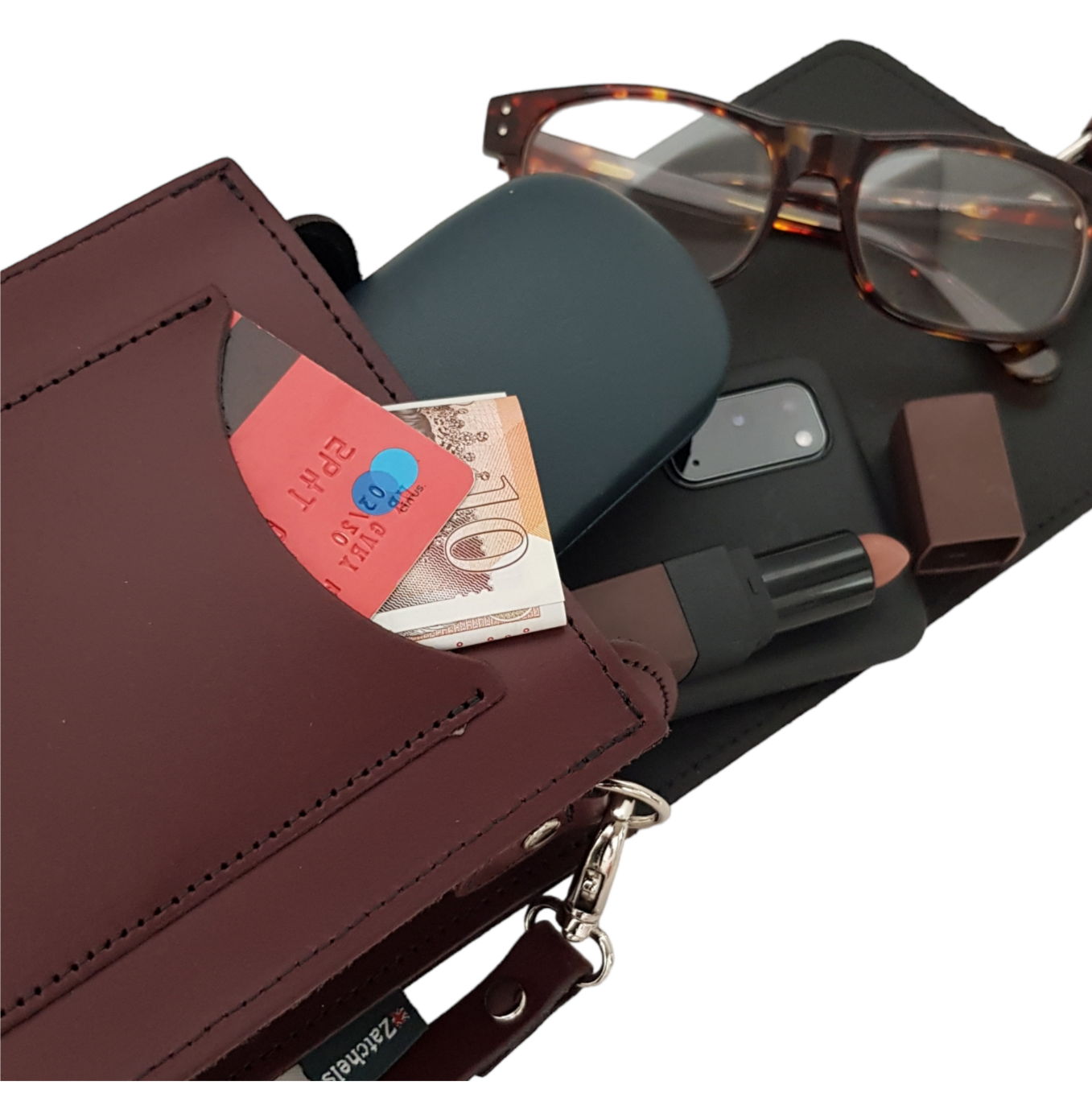 Handmade Marsala Red Leather Festival Phone Bag with Adjustable Strap & Magnetic Closure