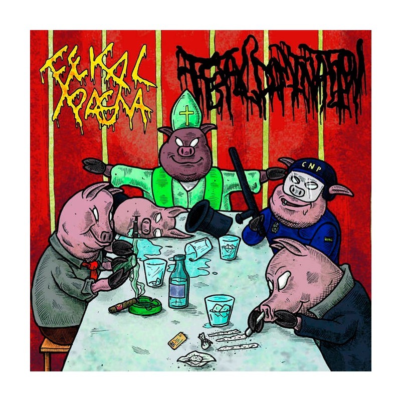 Fekal Xpagna and Fetal Domination PoliOinkTikos Split CD cover art by Rancid Offal Records, showcasing a blend of goregrind aesthetics and musical intensity from 2021.