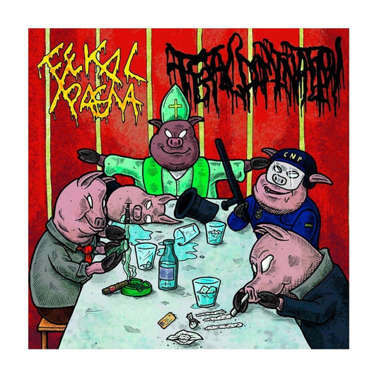 Fekal Xpagna and Fetal Domination PoliOinkTikos Split CD cover art by Rancid Offal Records, showcasing a blend of goregrind aesthetics and musical intensity from 2021.