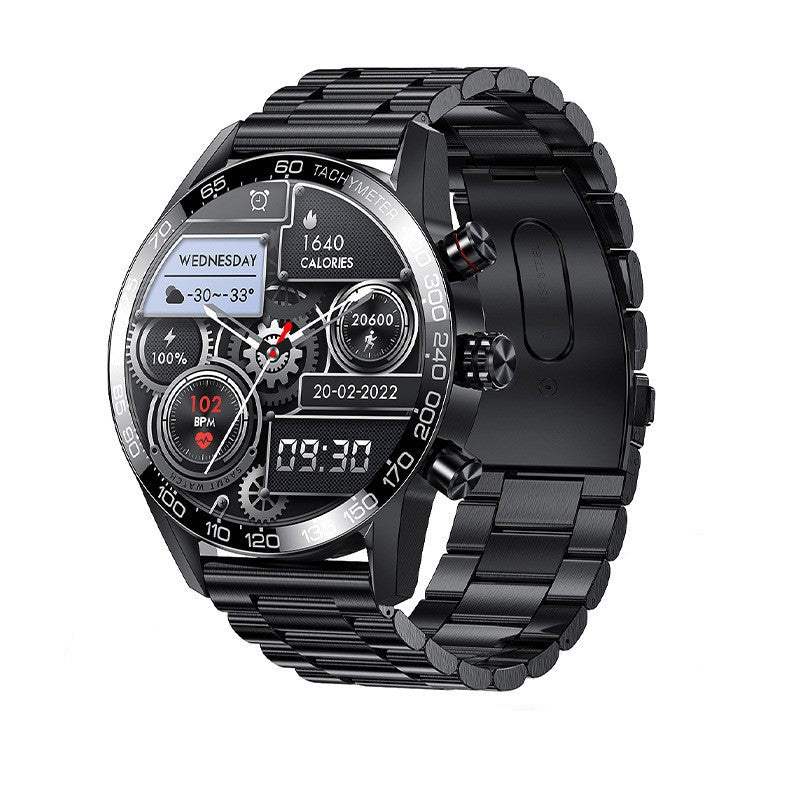 Features of Luxury Men's Smartwatch: Bluetooth connectivity, fitness tracking, and a touch control interface in a refined aesthetic.