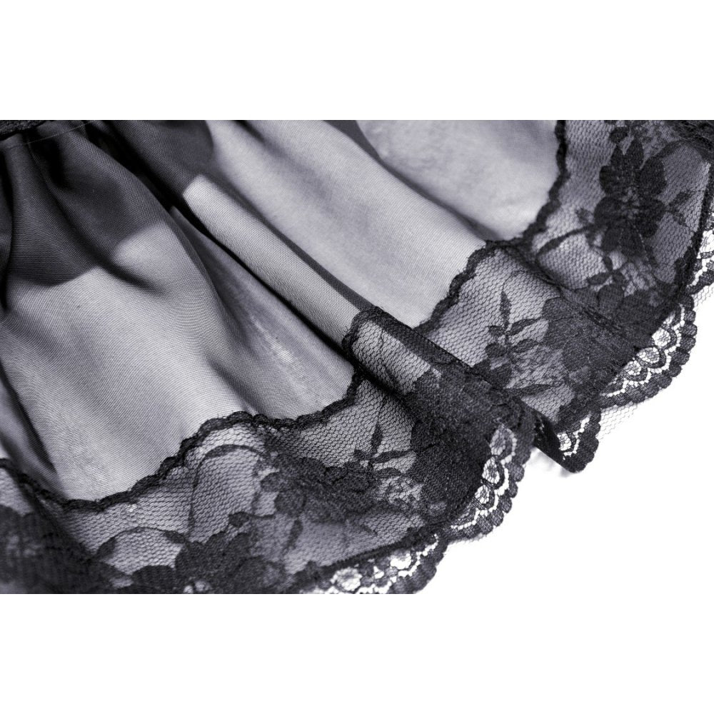 Fashionable gothic mini skirt with layered frills and mesh elements, ideal for creating a striking outfit for nights out.