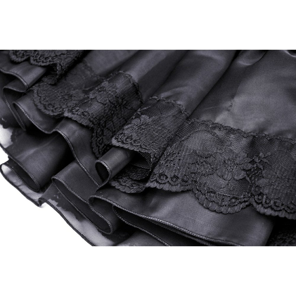 Close-up of the Fringilla Mini Skirt's luxurious lace detailing and soft fabric, showcasing its exquisite craftsmanship and gothic style.