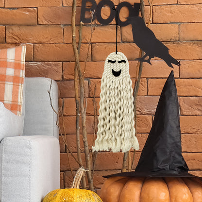 Luxury Halloween Ghost Hanging Decoration presented with autumnal elements, including pumpkins, capturing the essence of a refined Halloween ambiance.