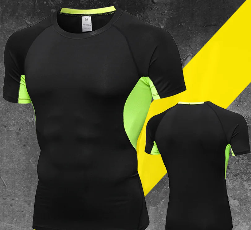 Men's black and neon green compression fitness shirt featuring a sleek design and breathable fabric, perfect for enhancing athletic performance.
