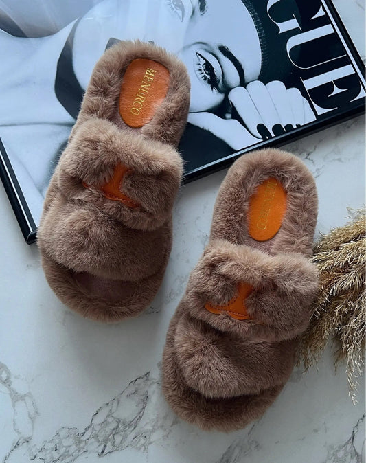 Luxurious fluffy sliders in tan, offering stylish comfort for women, available in sizes 36-41.