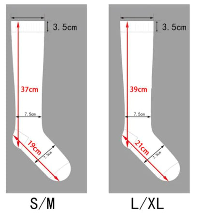 Dazzling Dreams Studio size guide for Men's and Women's activewear Flightwear Compression Stockings, illustrating dimensions for S/M and L/XL sizes to ensure a perfect fit.