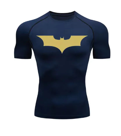 Men's navy blue short sleeve compression shirt embellished with a gold Batman logo, blending comfort and a bold style statement.