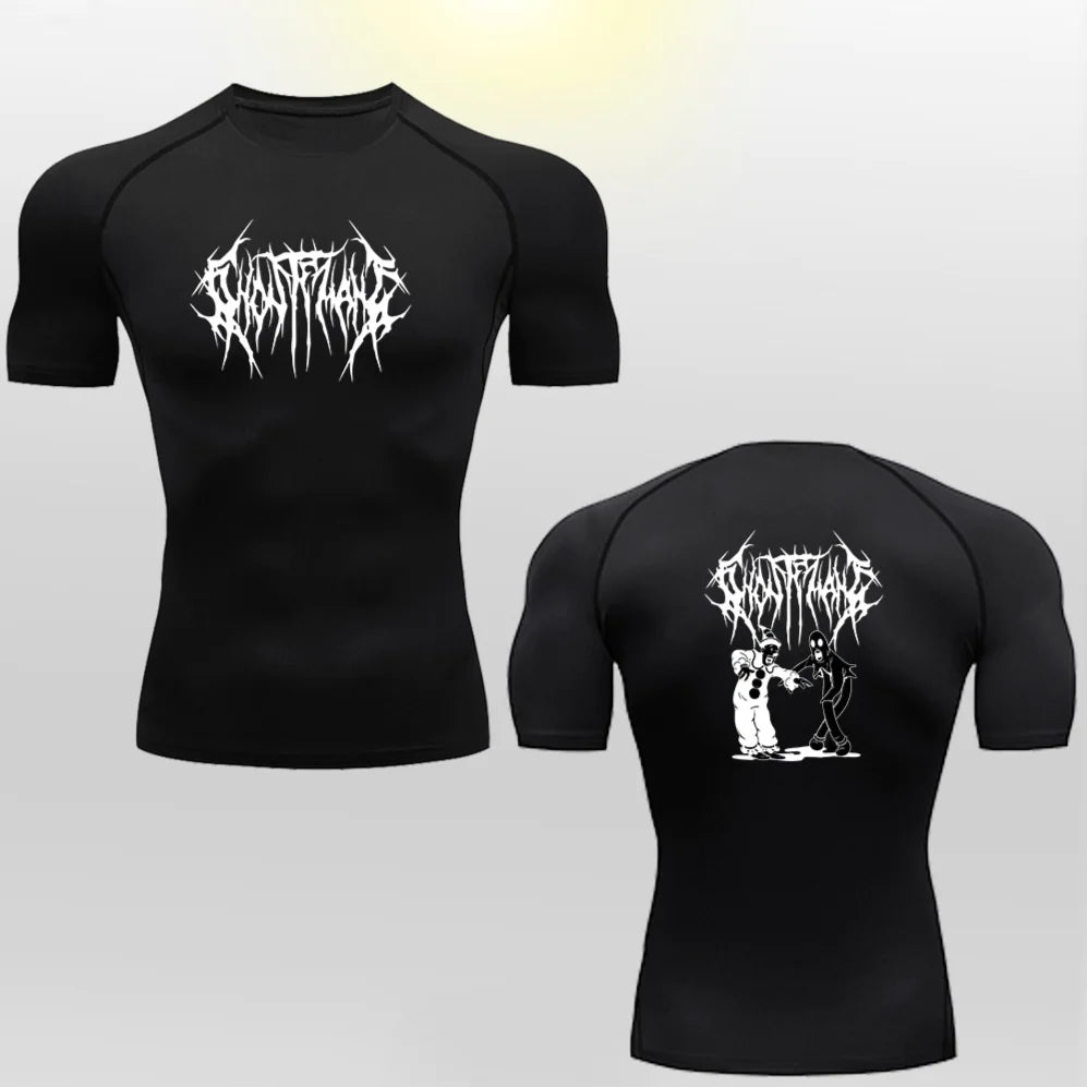 Chic black compression t-shirt with dynamic 2D printed design on the back, tailored for peak performance and a sleek silhouette during challenging workouts.