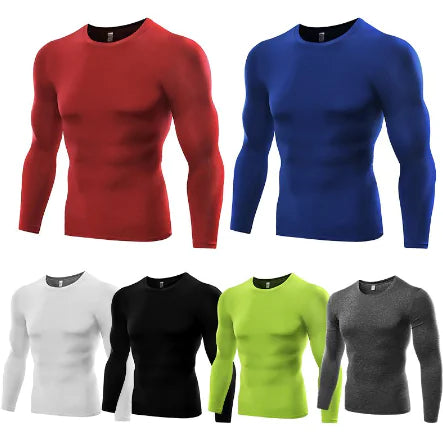 Collection of luxury men's athletic compression shirts in various colours, ideal for enhancing any activewear wardrobe.