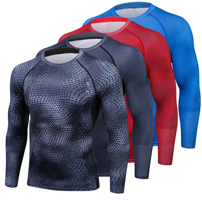 Luxury men's long sleeve animal print compression shirt showcased in multiple vibrant colours, including snake scale patterns, ideal for athletic performance and style.