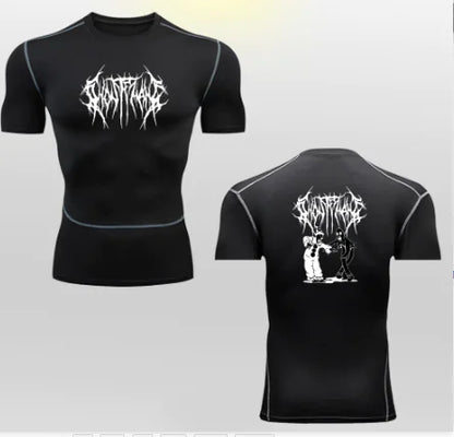 Stylish black 2D printed compression T-shirt featuring a striking design, tailored for high-performance workouts and crafted with a blend of Lycra and Spandex for optimal comfort and breathability.
