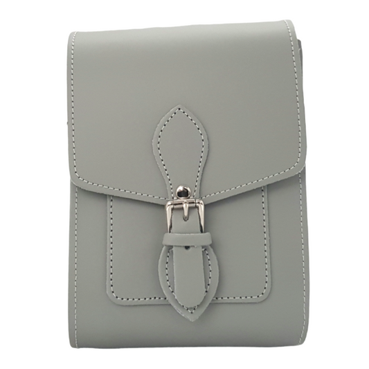 Handmade leather festival phone bag in ghost grey, showcasing its elegant design and premium quality craftsmanship.