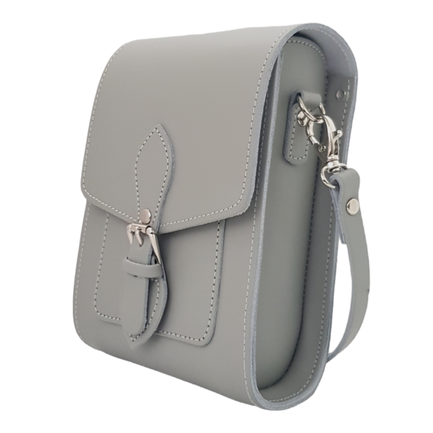 Handmade Leather Festival Phone Bag in Ghost Grey by Zatchels, featuring a compact design, adjustable strap, and stylish buckle closure, perfect for festivals and casual outings.