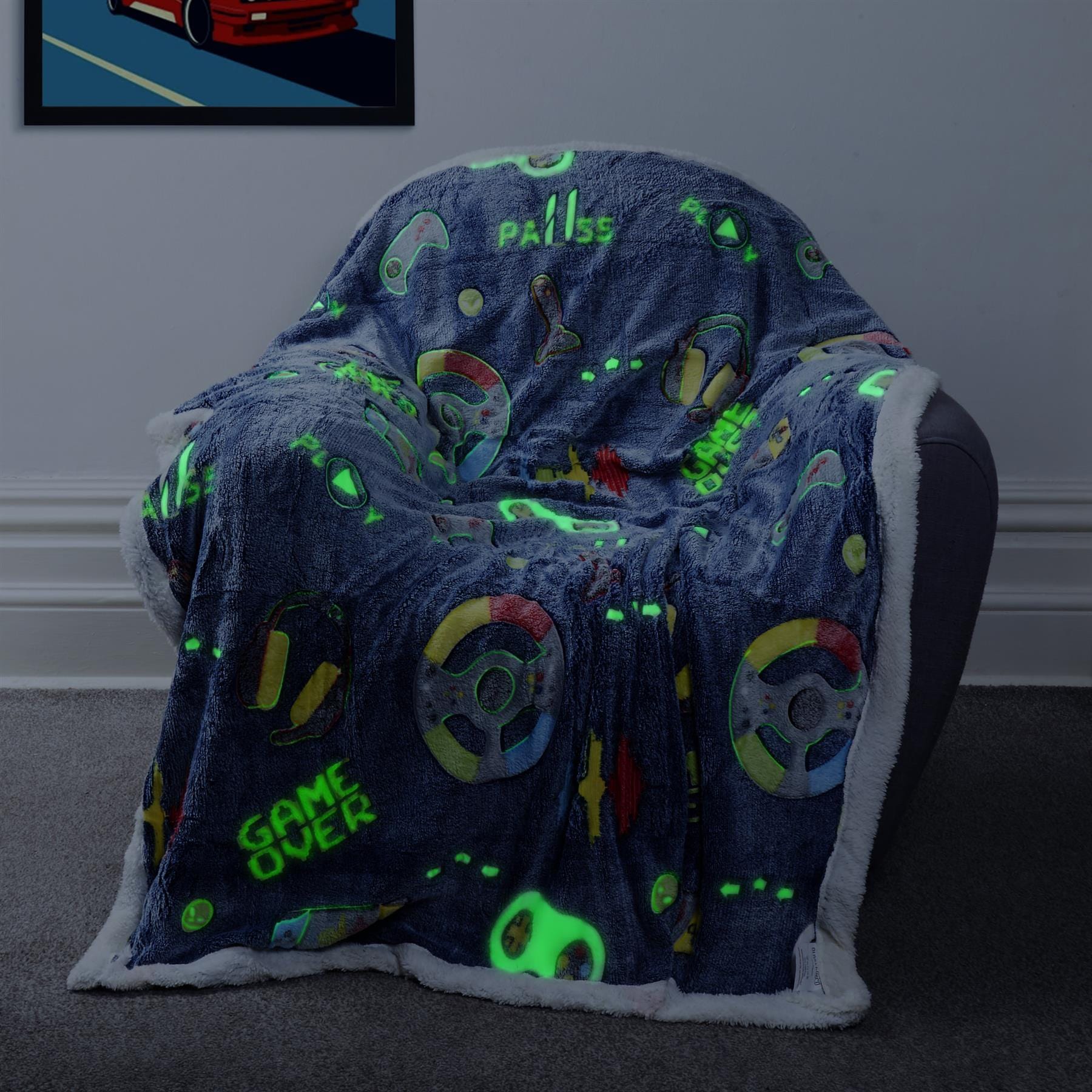 Children's bedroom featuring the Gamer Station glow in the dark teddy duvet cover, highlighting its enchanting nighttime glow and plush teddy fleece texture.