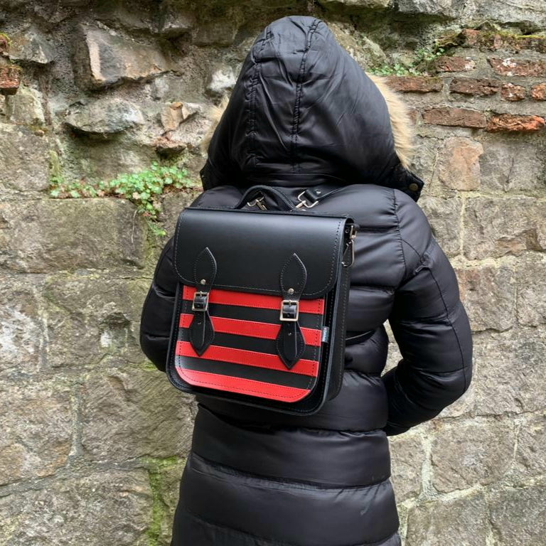 Gothic Striped Red & Black Handmade Leather City Backpack, showcasing luxurious craftsmanship with striking vertical stripes, perfect for tablets and laptops.