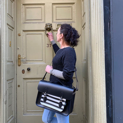 Elegant Gothic Striped Handmade Leather Satchel in black and white, showcasing artisanal craftsmanship and stylish design, ideal for luxury fashion lovers.