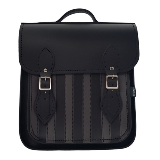 Gothic Striped Grey & Black Handmade Leather City Backpack showcasing elegant craftsmanship and sleek design, perfect for urban style.