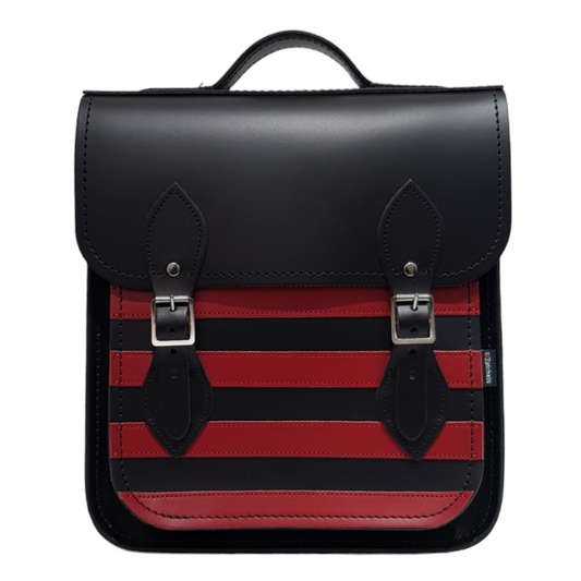 Gothic Striped Red & Black Handmade Leather City Backpack showcasing its unique craftsmanship and luxurious design, ideal for tablets and laptops.