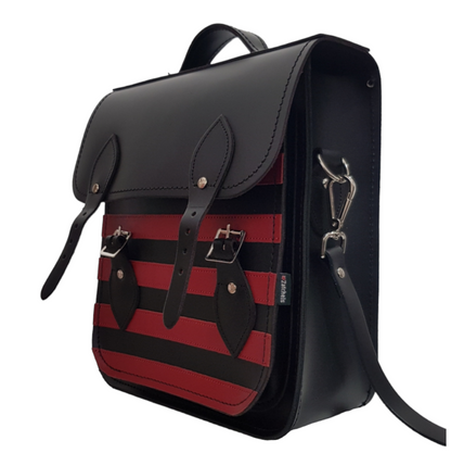 Close-up view of the Gothic Striped Red & Black Handmade Leather City Backpack highlighting the high-quality Scottish leather and elegant silver nickel buckles.