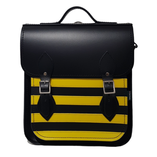 Luxury Handmade Leather City Backpack featuring striking Gothic Yellow and Black Stripes, designed for practicality and style, accommodating laptops and tablets, crafted from high-quality Scottish leather, adjustable and detachable straps, perfect for urban fashion.