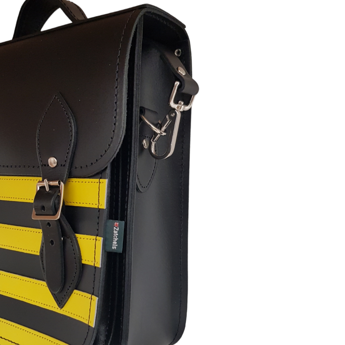 Luxury Handmade Leather City Backpack in Gothic Yellow and Black Stripes, showcasing its unique design, handcrafted quality, and elegant details like silver nickel buckles against a sleek black interior.