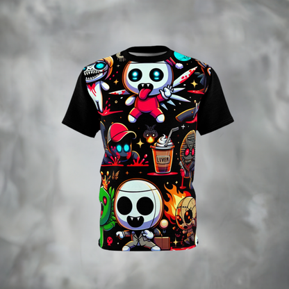 Scribble Spectre Tee showcasing a quirky horror cartoon design with playful aesthetics by Dazzling Dreams Studio, featuring adorable characters in thrilling antics.