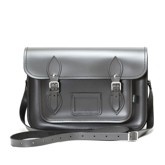Luxury Handmade Leather Satchel in Graphite featuring adjustable cross-body and shoulder strap, showcasing premium British craftsmanship.