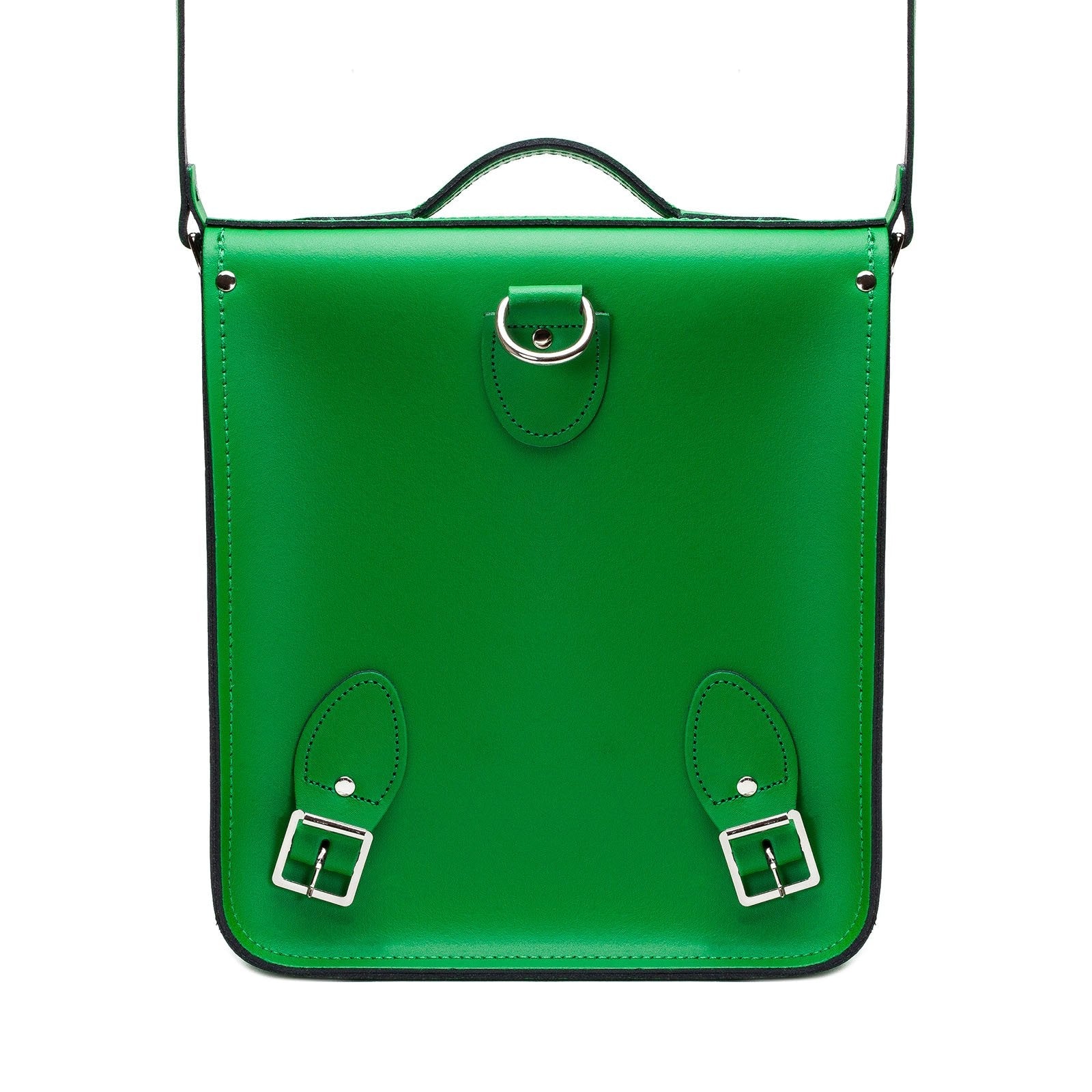 Luxury handmade green leather city backpack by Zatchels showcasing vibrant leather exterior, ideal for tablets and laptops, designed for urban professionals and students.