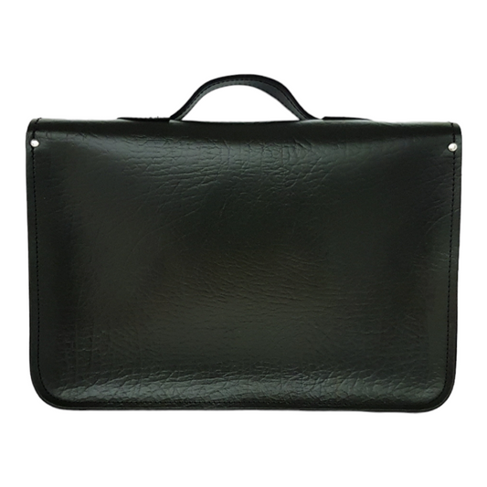 Elegant dual front pockets of the Luxury British Racing Green Leather Satchel, ideal for organized storage of essentials.