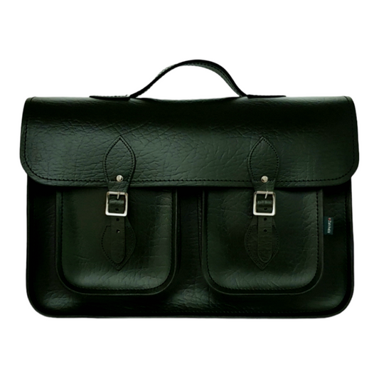 Luxury Handmade British Racing Green Leather Satchel showcasing a sophisticated design, perfect for carrying laptops and tablets.