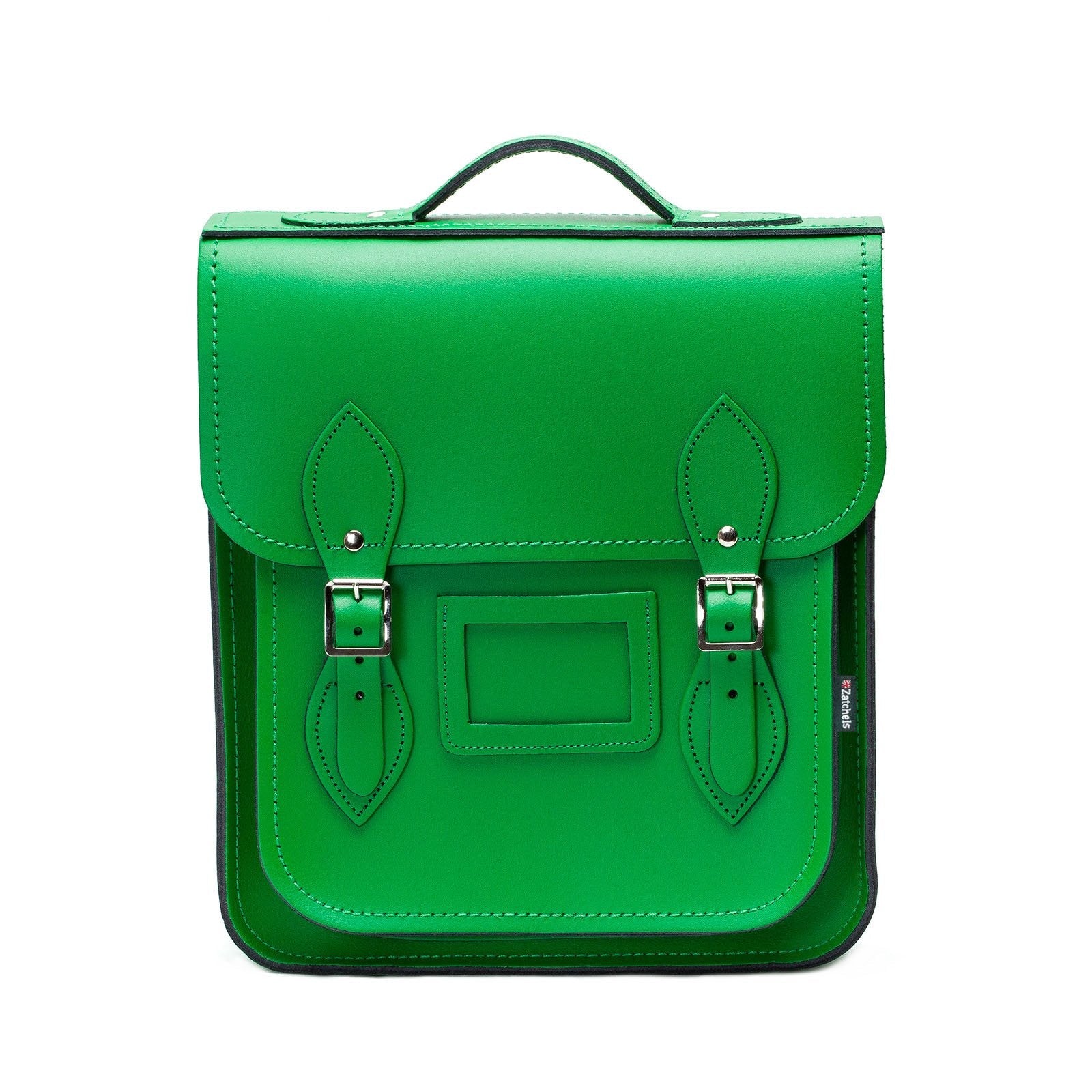 Luxury Handmade Green Leather City Backpack by Zatchels, showcasing rich Scottish leather craftsmanship with elegant chrome grey interior, perfect for laptops and tablets.