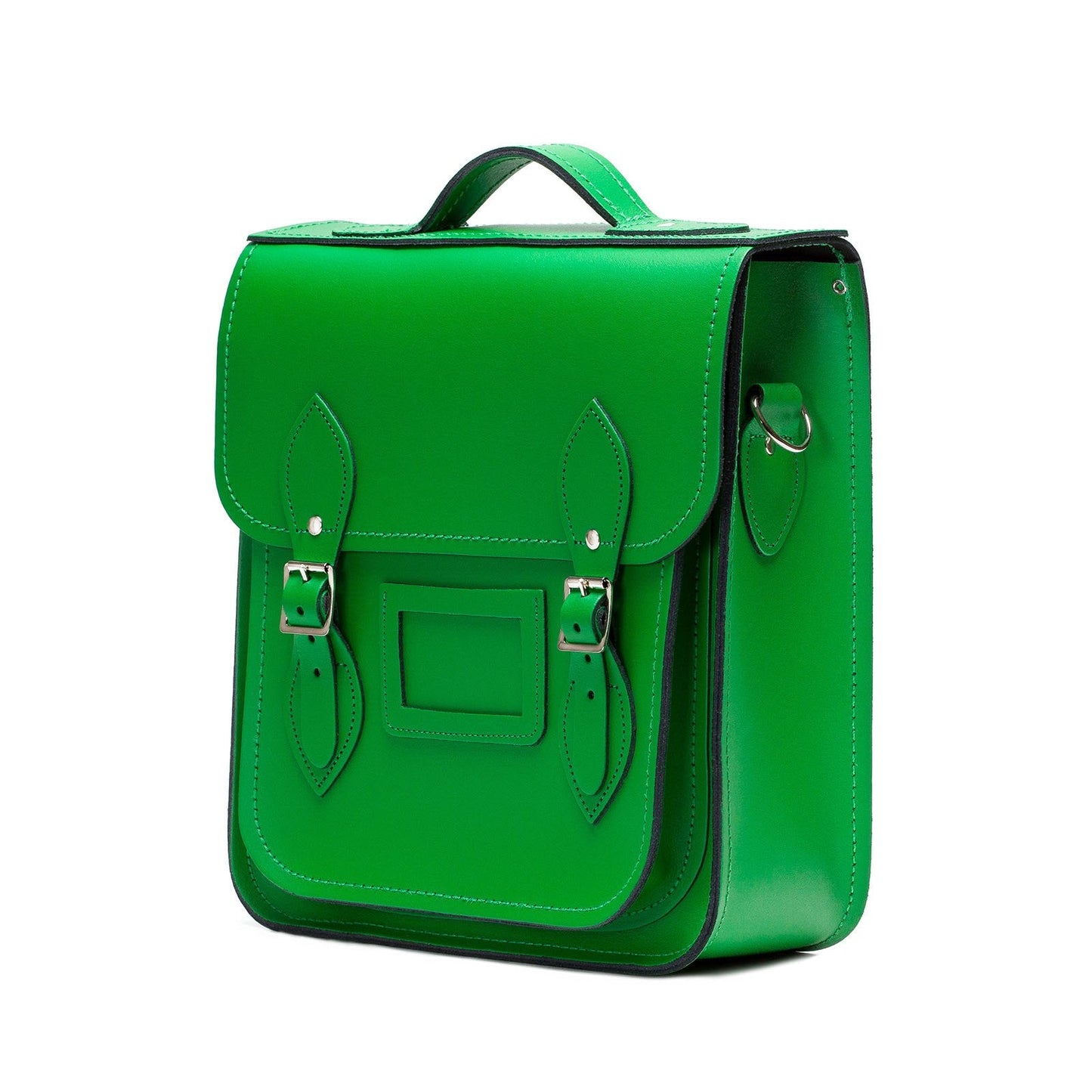 Close-up of the Zatchels Green Leather City Backpack, highlighting premium silver nickel buckles and adjustable strap features for versatile styling.