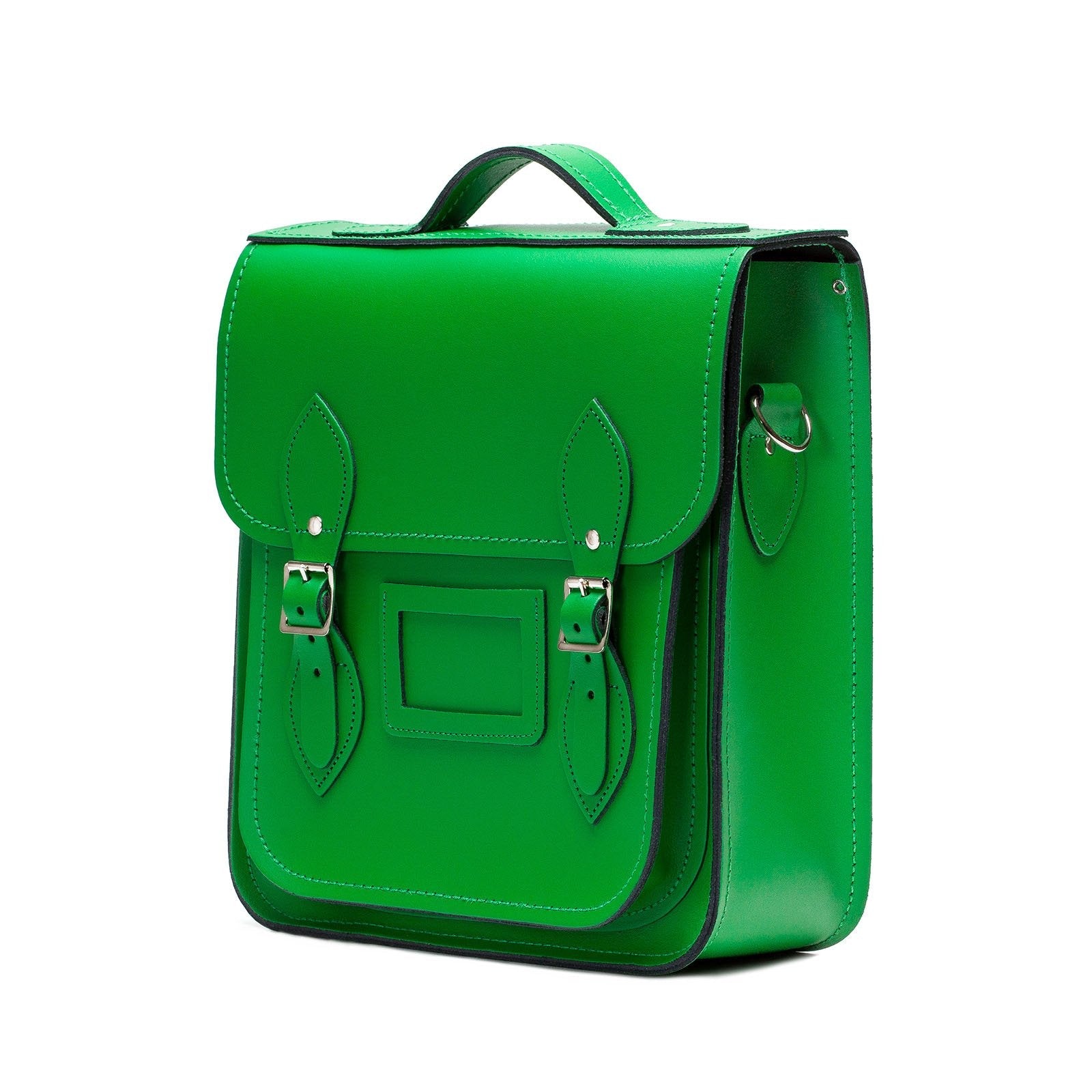 Close-up of the Zatchels Green Leather City Backpack, highlighting premium silver nickel buckles and adjustable strap features for versatile styling.