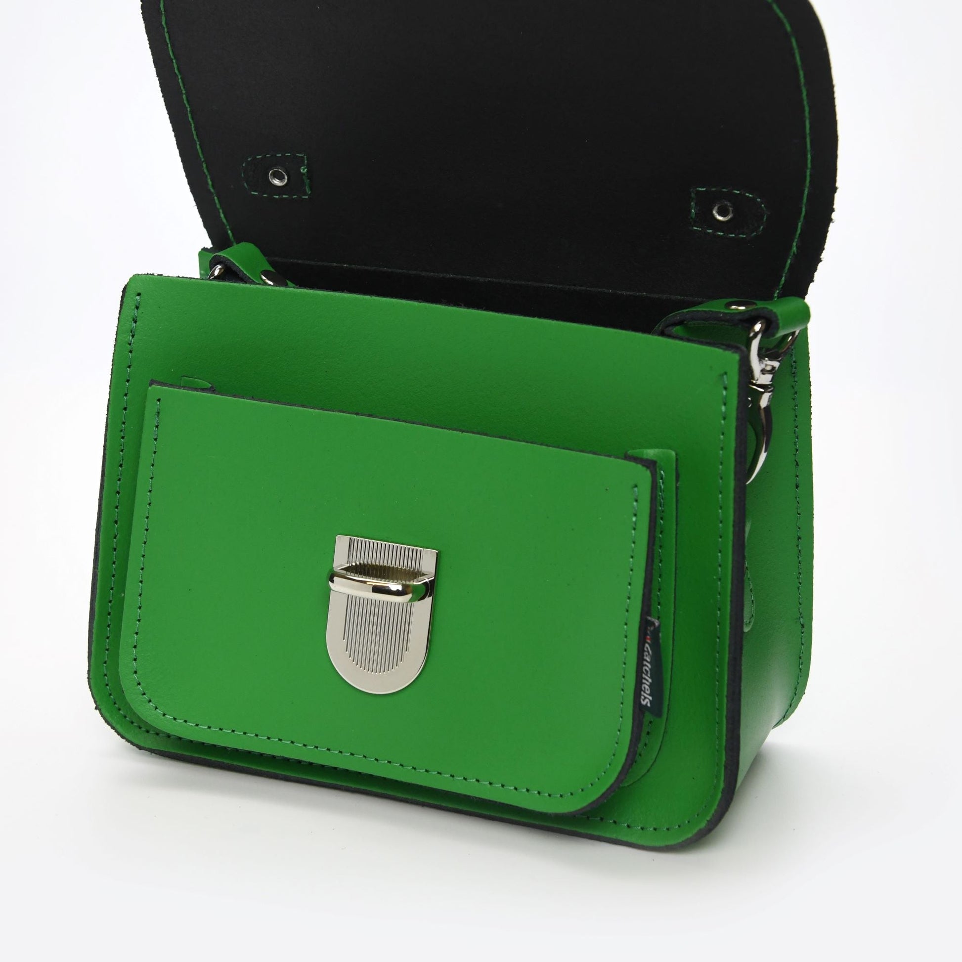 Luna Handmade Leather Bag in Elegant Green showcasing its versatile design as a clutch, crossbody, or shoulder bag, crafted from premium UK leather by Zatchels.