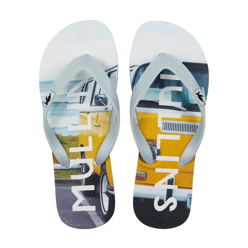 Mullins Bay Luxury Grey Camper Van Children's Flip Flops featuring a sleek grey design with vibrant multi-colour accents, perfect for summer outings.