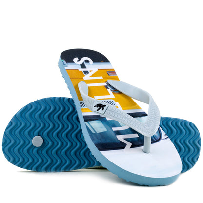 Close-up of Mullins Bay Luxury Grey Camper Van Children's Flip Flops highlighting the bouncy rubber material and textured soles for enhanced safety and comfort.