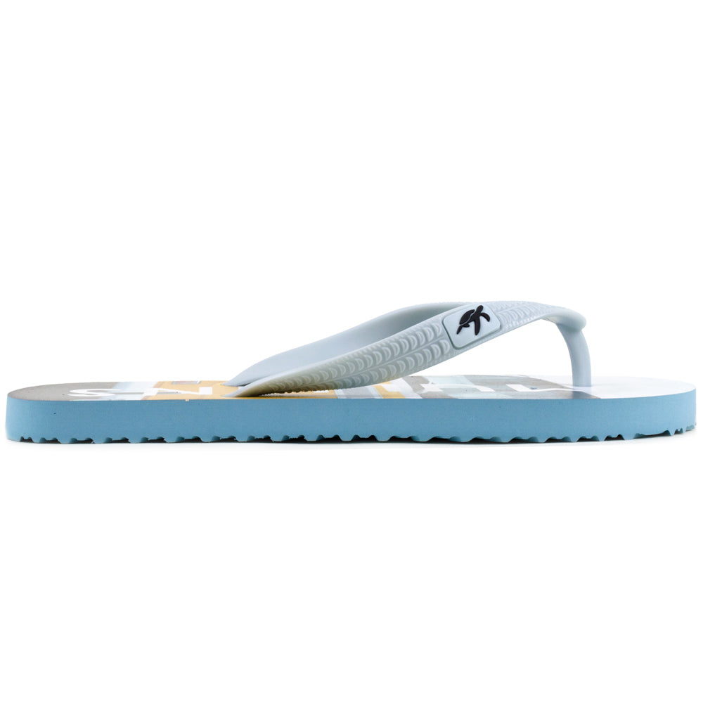 Stylish display of Mullins Bay Luxury Grey Camper Van Children's Flip Flops showcasing the iconic Mullins Turtle branding on the strap, ideal for trendy kids.