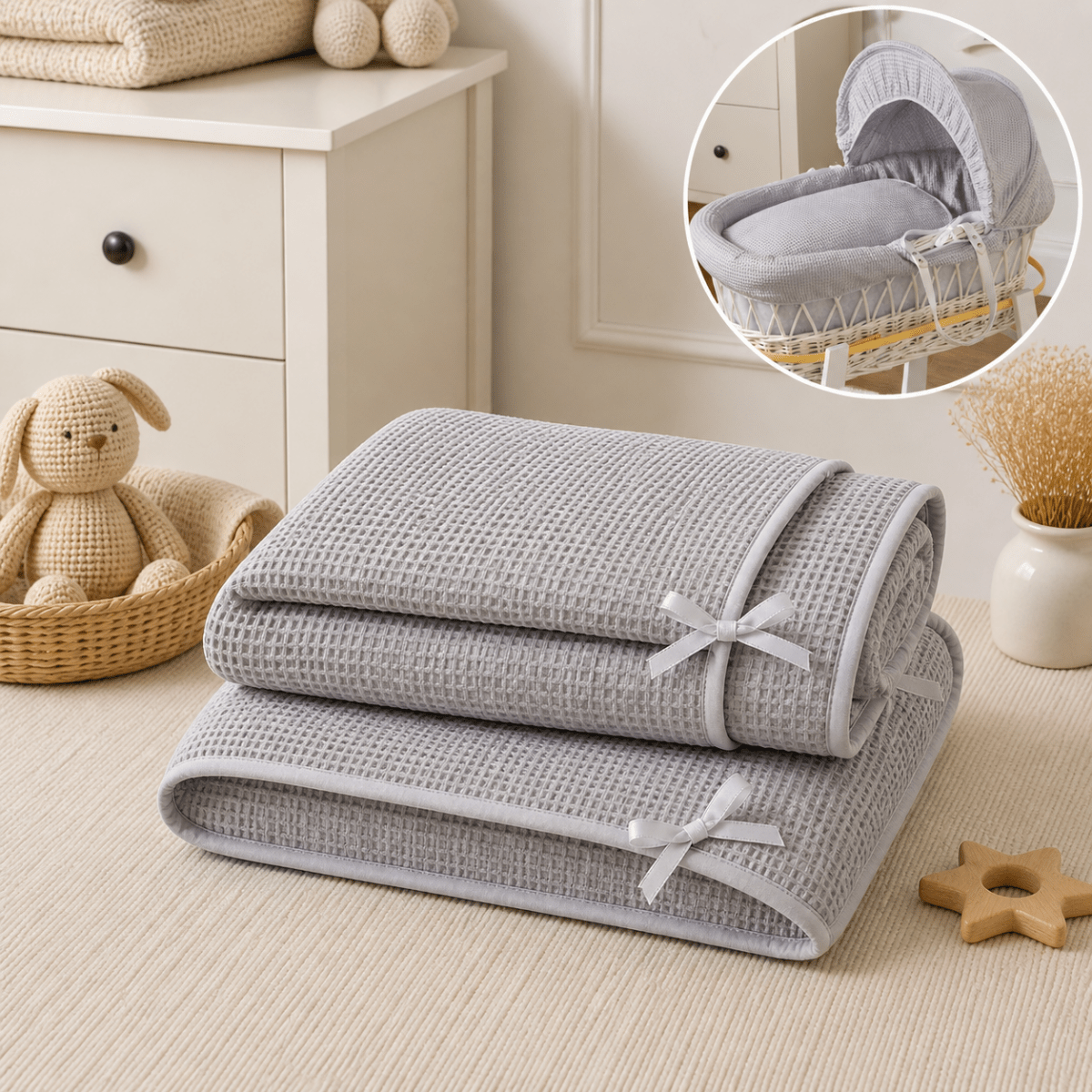 Grey Waffle Moses Basket Bedding Set
