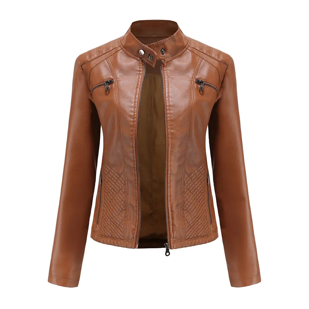 Luxury Women's Casual Leather Jacket worn casually in urban setting – Stylish leather jacket perfect for the city woman.