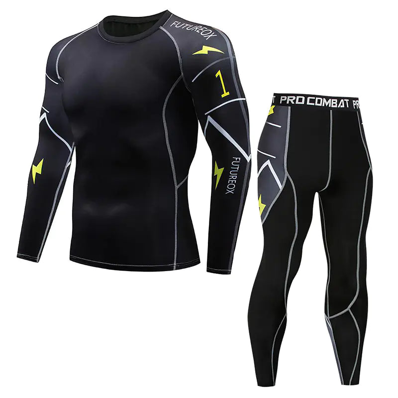 Luxury men's long sleeve compression shirt in black, featuring striking yellow accents and contrasting athletic leggings, designed for optimal performance and style.