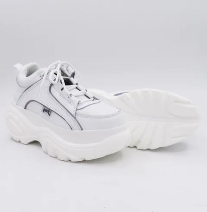 Sleek white sneaker with a modern design, emphasizing both luxury and practicality for everyday wear.
