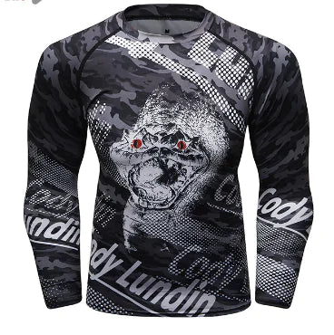 Exquisite men's long sleeve compression top featuring a dynamic camouflage pattern with reptile graphics, designed for versatile winter athletic wear.