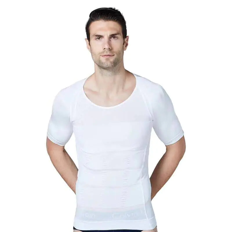 Elegant men's body shaper t-shirt in white, highlighting a stylish short sleeve silhouette for athletic appeal and comfort.