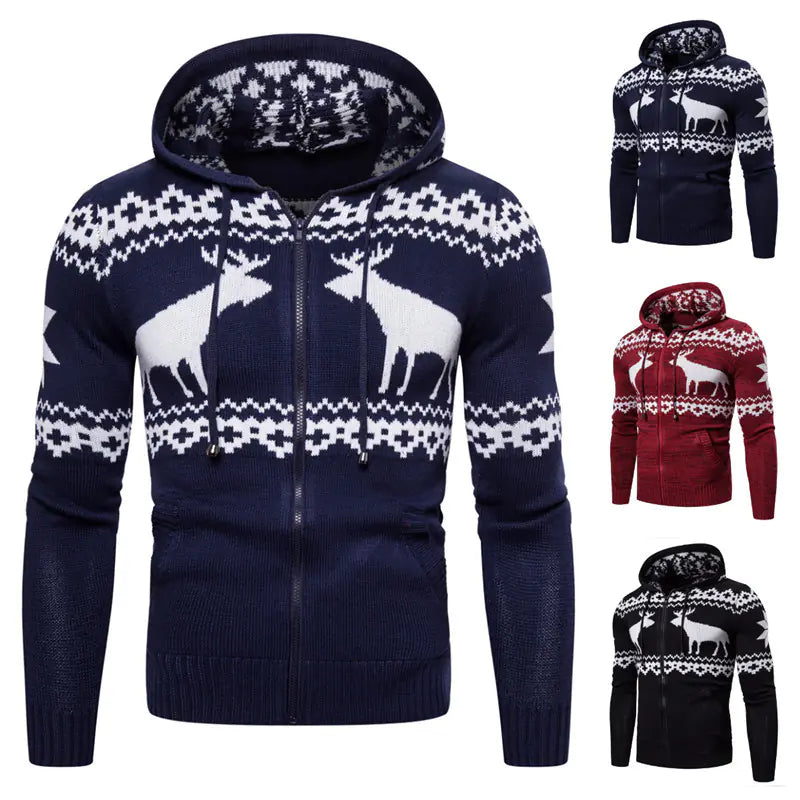 Fashionably styled Men’s Reindeer Knit Zipper Hoodie in various colours, celebrating the spirit of Christmas elegance.