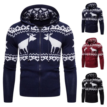 Fashionably styled Men’s Reindeer Knit Zipper Hoodie in various colours, celebrating the spirit of Christmas elegance.