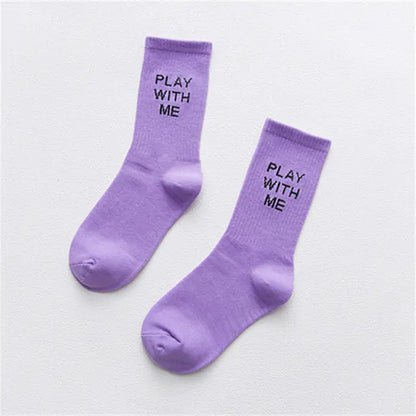 Dazzling Dreams Women’s/Girl’s Street Sports Socks in soft lavender with stylish black inscriptions saying 'PLAY WITH ME', ideal for trendy streetwear.