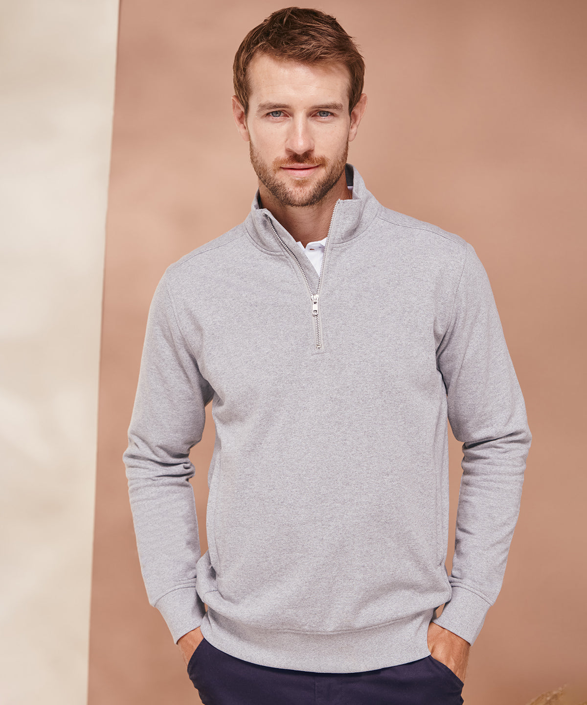Luxurious sustainable regenerated cotton and rPET 1/4 zip sweatshirt in elegant design, available in sizes XS to 3XL, showcasing eco-friendly fashion.