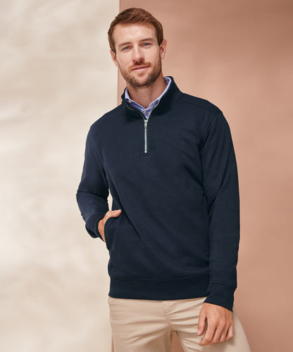 Elegant and modern 1/4 zip sweatshirt crafted from recycled materials, perfect for eco-conscious luxury wear, available from XS to 3XL sizes.