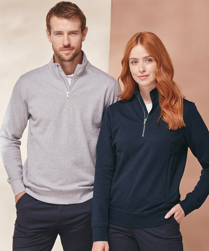 Stylish and sustainable sweatshirt featuring a 1/4 zip design, made from 60% regenerated cotton and 40% recycled polyester, offering an eco-friendly luxury option in sizes XS to 3XL.